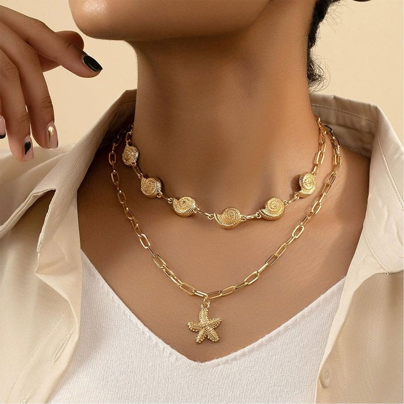 MIFYNN Gold Shell Starfish Necklace for Women Pearl Shell Necklace Layered Beaded Starfish Necklaces Summer Beach Surf Jewelry Gifts for Women - Image 2